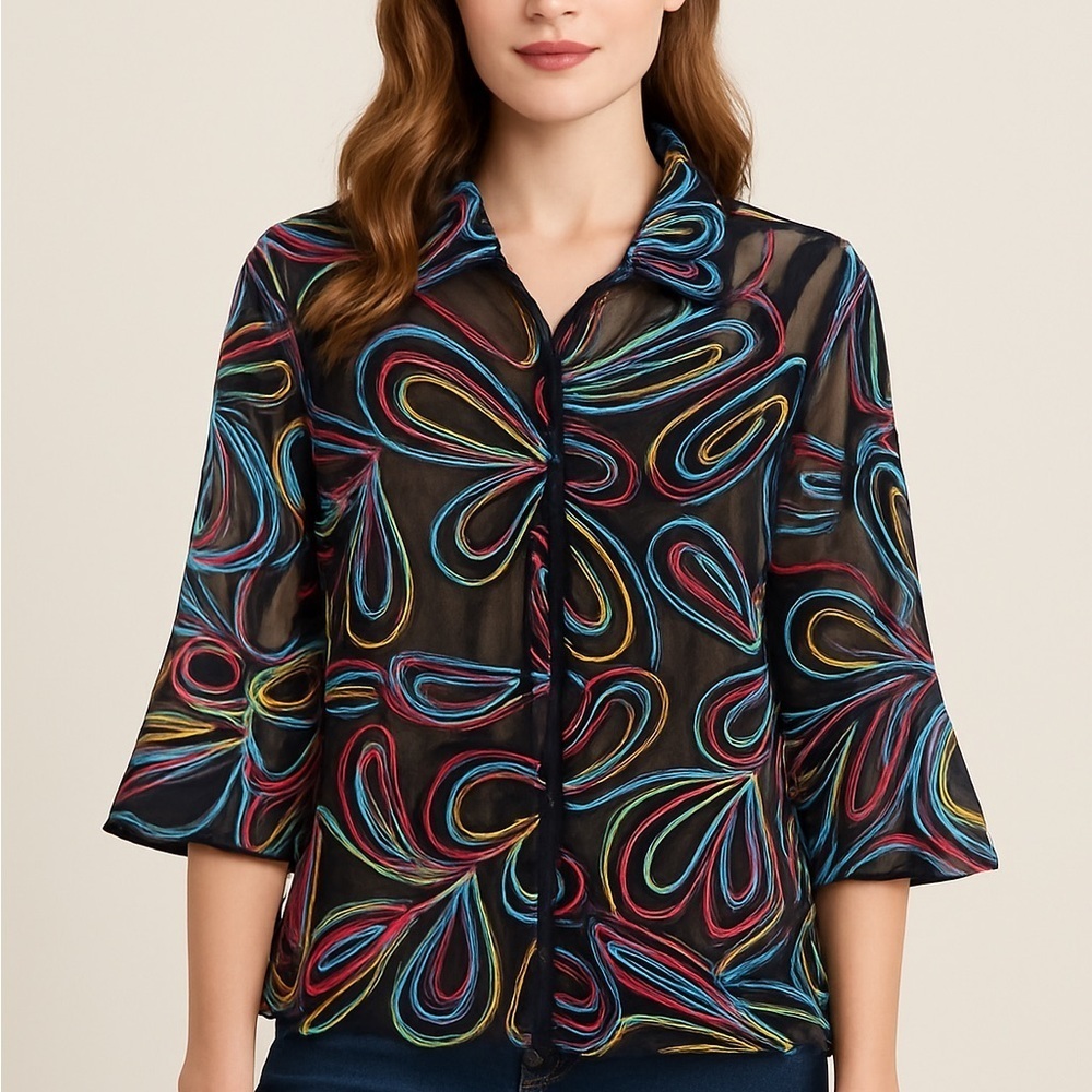 Ali Miles Sheer Embroidered Mesh Button-Front Top – NWT – Size S